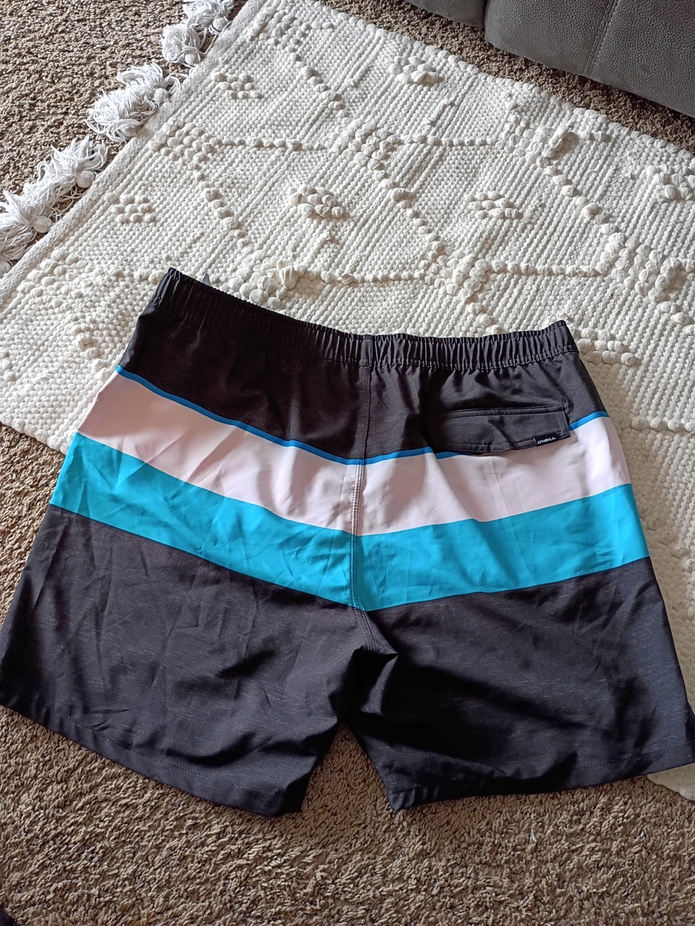 Men's Black Swim Trunks with Aqua and White Chevron Stripe